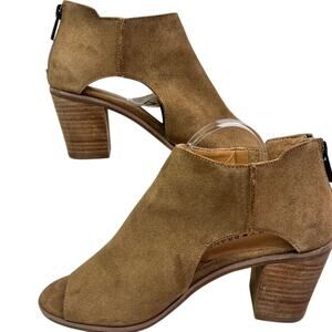 Lucky Brand Ankle Booties Womens 6.5 M Brown Keight Stacked Heel Open Toe Suede